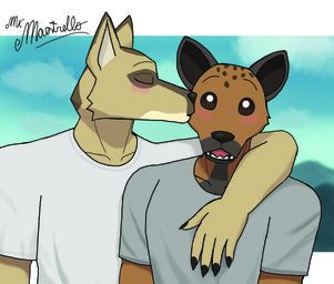 anthro clothed clothing duo fur humanoid_hands kiss_on_cheek kissing male male/male open_mouth simple_background text mr._maestrello beastars durham_(beastars) miguno_(beastars) canid canine canis coyote hyena mammal spotted_hyena 2026 absurd_res artist_name colored digital_drawing_(artwork) digital_media_(artwork) hi_res signature watermark