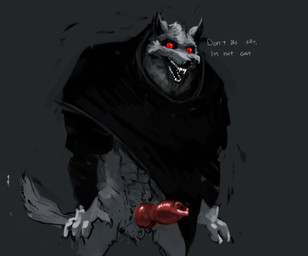anthro black_cape black_clothing cape claws clothing creepy_smile erection fangs finger_claws fur genitals grey_body grey_fur knot knotted_penis looking_at_viewer male open_mouth penis red_eyes red_penis red_sclera smile solo standing tail teeth teeth_showing text meandraco dreamworks puss_in_boots_(franchise) death_(puss_in_boots) canid canine canis mammal wolf digital_media_(artwork) english_text hi_res portrait three-quarter_portrait