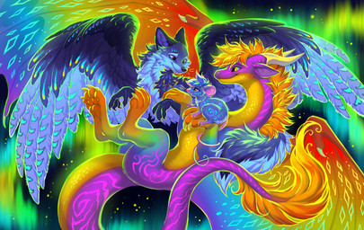 ambiguous_gender blue_body blue_fur feathers female feral fur grey_body grey_feathers grey_fur grey_tail grey_wings group purple_body purple_eyes purple_tail scutes smile tail trio wings yellow_eyes hioshiru mythology hioshiru_(character) raynar waisy dragon enfield mammal mouse murid murine mythological_creature mythological_scalie rodent scalie 2025 digital_drawing_(artwork) digital_media_(artwork) hi_res