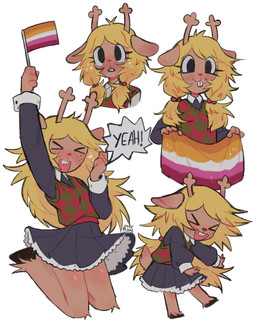>_< anthro antlers blonde_hair bottomwear buckteeth closed_smile clothed clothed_anthro clothed_female clothing emanata eyelashes eyes_closed female flag flag_(object) freckled_face freckles hair holding_flag holding_object hooves horn lesbian_pride_colors lgbt_pride mouth_closed multiple_poses open_mouth open_smile pointy_speech_bubble pose pride_colors skirt smile solo speech_bubble teeth topwear vest ztermidsy deltarune undertale_(series) noelle_holiday deer mammal new_world_deer reindeer 2024 4:5 absurd_res bust_portrait digital_drawing_(artwork) digital_media_(artwork) english_description full-length_portrait half-length_portrait hi_res portrait signature