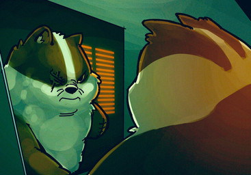 1_eye amputee angry anthro detailed_background disability frown looking_at_self male mirror missing_arm overweight overweight_anthro overweight_male scar solo whiskers vetiver_n cartoon_network mao_mao:_heroes_of_pure_heart badgerclops badger mammal mustelid musteline hi_res