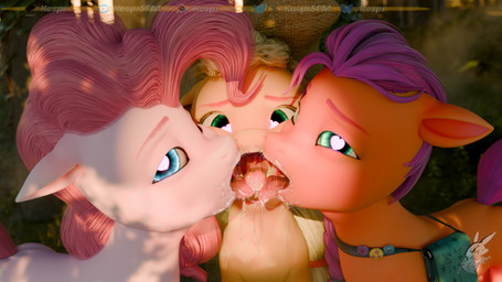bag bodily_fluids eyebrows female feral first_person_view fur group hair heart_eyes heart_symbol inviting looking_at_viewer open_mouth pink_body pink_fur pink_hair purple_hair saliva saliva_on_tongue standing tan_body tan_fur tongue tongue_out trio kespr zapor_(modeler) friendship_is_magic hasbro mlp_g5 my_little_pony applejack_(mlp) pinkie_pie_(mlp) sunny_starscout_(mlp) earth_pony equid equine horse mammal pony 16:9 3d_(artwork) 4k absurd_res digital_media_(artwork) hi_res huge_filesize widescreen