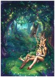 anthro clothing cuddling duo_focus forest glade gloves green_hair group hair handwear hug large_group love magic male male/male meadow nude painting plant spring_(season) tree wildflowers brushfire arthropod butterfly cervine deer insect lepidopteran mammal digital_media_(artwork) digital_painting_(artwork) hi_res