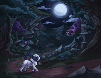 ambiguous_gender brown_eyes claws cloud dirt_path fallen_tree feral floating fur group hollow_tree leaf looking_aside mane moon moss mountain night outside plant rock star tree vines walking white_body white_fur merkygloom nintendo pokemon pokemon_mystery_dungeon spike_chunsoft absol gastly generation_1_pokemon generation_3_pokemon ghost humanoid pokemon_(species) sableye spirit 2019 absurd_res hi_res shaded
