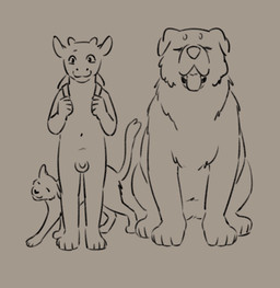 4_toes 5_fingers animal_genitalia anthro backpack backpack_only balls feet female feral fingers fur genitals group happy horn looking_at_viewer male navel non-mammal_balls sheath sitting standing tail toes tongue tongue_out trio walking young young_male ratkingofteeth mythology canid canine canis domestic_cat domestic_dog dragon dragon_koopa felid feline felis mammal mythological_creature mythological_scalie scalie sketch