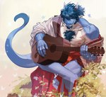 2_horns acoustic_guitar anthro asian_clothing blue_body blue_hair blue_scales chest_tuft claws clothing deltoids ear_piercing ear_ring east_asian_clothing facial_hair finger_claws goatee guitar hair horn horn_jewelry horn_ring japanese_clothing jewelry looking_at_viewer male multicolored_body multicolored_scales muscular muscular_anthro muscular_male musical_instrument nipples one_eye_closed pecs piercing plant playing_guitar playing_music plucked_string_instrument ring_(jewelry) ring_piercing scales sideburns sitting solo string_instrument tail tail_tuft tuft two_tone_body two_tone_scales white_body white_clothing white_scales white_yukata yukata wasp_(artist) anothereidos_of_dragon_vein_r mythology folker_(anothereidos_r) arthropod butterfly dragon insect lepidopteran mythological_creature mythological_scalie reptile scalie 2023 hi_res sketch