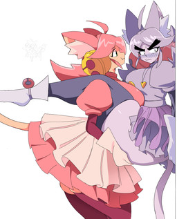 animal_ears biped bottomwear breasts clothed clothing duo female female/female hair hand_on_butt inner_ear_fluff legwear pink_clothing pink_hair purple_clothing side_view skirt thick_thighs thigh_highs tuft cyberlord1109 animal_humanoid cat_humanoid felid felid_humanoid feline feline_humanoid humanoid mammal mammal_humanoid absurd_res hi_res