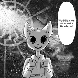 anthro backpack black_sun clothed clothing dialogue female happy hoodie nazi_insignia open_mouth solo speech_bubble talking_to_viewer teeth text topwear unknown_artist hyperborea mythology eloisa domestic_cat felid feline felis mammal 1:1 english_text halftone monochrome shaded