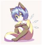 alternate_species anthro blue_eyes blue_hair blush border female flat_chested fur furrification hair kemono nude short_hair simple_background sitting solo white_background white_border yellow_body yellow_fur young young_anthro mcsadat touhou cirno canid canine fox mammal