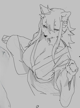 anthro asian_clothing biped black_nose breasts cleavage clothed clothing east_asian_clothing eyebrows eyelashes female fur grey_background hair japanese_clothing kimono looking_at_viewer mouth_closed simple_background solo standing teeth meckmeck00124 canid canine canis mammal wolf hi_res