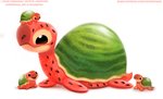 age_difference ambiguous_gender anthro beady_eyes black_eyes dot_eyes food fruit green_body group melon open_mouth pink_body plant seed simple_background simple_eyes size_difference smile tan_body text watermelon watermelon_pattern what white_background piper_thibodeau food_creature reptile scalie turtle 2020 digital_media_(artwork) digital_painting_(artwork) painting_(artwork) url