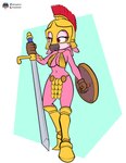 anthro armor bikini_armor clothing female gloves greaves handwear headgear helmet melee_weapon pink_body pink_eyes shield solo sword unconvincing_armor weapon fourssss sega sonic_the_hedgehog_(series) avian bird 2024 hi_res