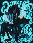 ambiguous_gender black_body black_fur creepy ear_piercing feral fire fur magic membrane_(anatomy) membranous_wings piercing solo tail wings vonderdevil vonder avian bat bird mammal monster blue_theme cool_colors