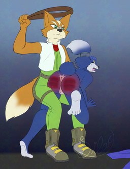 angry anthro anus belt belting blue_body blue_fur bodily_fluids bruised bruised_butt butt butt_slap canon_couple duo feet female fur genitals green_eyes male male/female markings nude nude_female on_lap orange_body orange_fur otk slap spank_marks spank_marks_on_ass spanked_butt spanking spread_butt spread_legs spreading striped_markings stripes tears vulva sugarcraft_productions nintendo star_fox fox_mccloud krystal_(star_fox) alien canid canine fox mammal canon hi_res