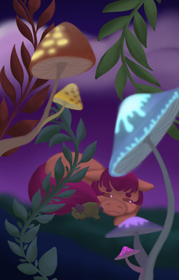 :3 ambiguous_feral ambiguous_gender blurred_background brown_eyes cloud duo feral fungus fur green_body green_fur hair looking_at_another mushroom night orange_body orange_fur pink_hair pink_tail plant purple_hair purple_tail size_difference sky sleeping tail young young_ambiguous young_feral lemoncurds fluffy_pony fluffy_pony_(species) mammal 2023 digital_media_(artwork) hi_res lineless