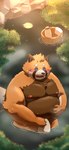 anthro bathing belly big_belly blush brown_body detailed_background humanoid_hands kemono male moobs moon night nipples outside overweight overweight_male plant solo towel tree water hon55728 ailurid mammal red_panda 2022 hi_res