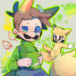3_toes 4_ears 5_fingers bent_leg black_eyes black_facial_hair black_mustache blue_clothing blue_eyes blue_overalls blush blush_lines brown_hair closed_smile clothed clothed_human clothed_humanoid clothed_male clothing facial_hair feet fingers fluffy fluffy_tail fully_clothed fully_clothed_human fully_clothed_humanoid fully_clothed_male gloves green_clothing green_hat green_headwear green_outline green_shirt green_tail green_topwear grey_background hair handwear hat headgear headwear holding_clothing holding_hat holding_headgear holding_headwear holding_object leaf lidded_eyes light male male_human male_humanoid mouth_closed multi_ear mustache open_mouth open_smile outline overalls red_inner_ear red_tongue shirt short_hair simple_background smile solo straight_arm tail tan_body tan_skin text thin_eyebrows toes tongue topwear white_clothing white_gloves white_handwear yellow_costume yellow_ears yellow_tail renballball mario_bros nintendo super_mario_3d_land kitsune_luigi luigi animal_humanoid canid canid_humanoid canine canine_humanoid fox_spirit human humanoid mammal mammal_humanoid tailed_humanoid 1:1 2022 character_name colored digital_drawing_(artwork) digital_media_(artwork) hi_res lighting shaded