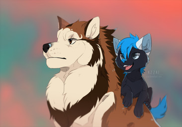 age_difference black_body black_fur black_nose blue_claws blue_hair blue_nose blue_tail brown_body brown_eyes brown_fur cheek_tuft claws duo facial_tuft feral feral_with_hair fur hair lying_on_another male older_feral older_male open_mouth open_smile outside short_hair sky smile snout tail tan_body tan_fur tuft white_ears younger_feral younger_male azzai canid canine canis mammal wolf 2017 colored digital_drawing_(artwork) digital_media_(artwork) shaded