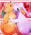 antennae_(anatomy) anthro belly blush duo green_eyes heart_symbol hug overweight tail wings azuma_minatsu nintendo pokemon dragonite generation_1_pokemon generation_6_pokemon goo_creature goodra pokemon_(species)