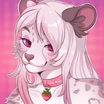 anthro collar female food fruit fur hair pink_body pink_eyes pink_fur pink_hair plant solo strawberry felid feline leopard mammal pantherine