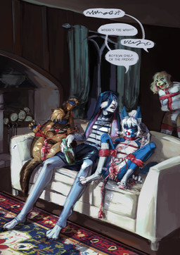 anal anal_penetration andromorph anthro ball_gag bdsm beverage blindfold bodily_fluids bondage bottomwear bound breasts clitoral_pump clothed clothing collar countershading dialogue egg_vibrator ejaculation fangs female fishnet_clothing fishnet_topwear frogtied furniture gag gagged genital_fluids genitals glass_bottle group hair intersex legs_tied legwear male nipple_chain nipple_chain_pull nipple_piercing nipples object_in_ass open_mouth pattern_clothing pattern_topwear penetration piercing restraints rope rope_bondage sex_toy sex_toy_in_ass sex_toy_in_vagina sex_toy_insertion skirt sofa stockings straitjacket striped_clothing striped_topwear stripes tail teeth text thigh_highs topwear vaginal vaginal_fluids vaginal_penetration vaginal_squirting vibrator vulva white_body bunnysuitconman canid canine canis domestic_cat felid feline felis lagomorph leporid mammal rabbit wolf 2025 digital_media_(artwork) english_text hi_res