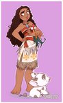 5_fingers 5_toes border brown_eyes brown_hair carrying_another clothed clothing eyebrows feet female feral fingers fur group hair hand_on_hip jewelry long_hair looking_away looking_down necklace purple_background raised_eyebrow simple_background standing toes white_body white_border white_fur skirtzzz disney moana heihei_(moana) moana_waialiki pua_(moana) avian bird chicken domestic_pig galliform gallus_(genus) human mammal phasianid suid suina sus_(pig) 2017 hi_res watermark