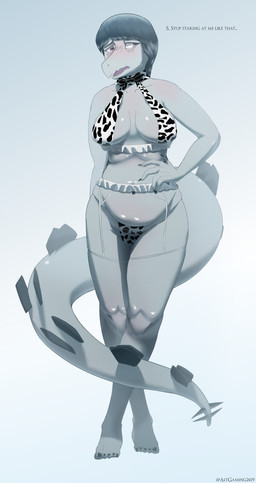 5_fingers 5_toes abstract_background animal_print anthro belly big_tail blush breasts claws cleavage_cutout clothed clothing cow_print cow_print_lingerie cow_print_thong cutout dialogue embarrassed feet female finger_claws fingers garter_belt garter_straps glistening glistening_belly glistening_body glistening_breasts glistening_scales grey_body grey_hair grey_scales hair lingering long_tail medium_breasts purple_eyes scales skimpy slightly_chubby solo spiked_tail spikes spikes_(anatomy) tail talking_to_viewer text thong toes underwear altgaming2419 cavemanon_studios snoot_game fan_character lucatiel_(altgaming2419) dinosaur ornithischian prehistoric_species reptile scalie stegosaurian stegosaurus thyreophoran 2025 absurd_res artist_name digital_drawing_(artwork) digital_media_(artwork) english_text hi_res watermark