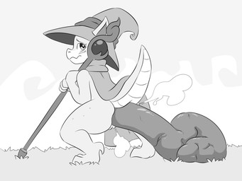 anthro barely_visible_genitalia barely_visible_vulva blush butt crouching excessive_feces fart fart_cloud feces feces_on_ground feces_pile female female_pooping furgonomic_hat furgonomic_headwear furgonomics genitals grass holding_object holding_staff hyper hyper_feces hyper_feces_pile looking_back mostly_nude mostly_nude_anthro mostly_nude_female plant pooping pooping_on_floor raised_tail scales scarf scatplay simple_background solo staff tail vulva dendollae kobold scalie 4:3 monochrome