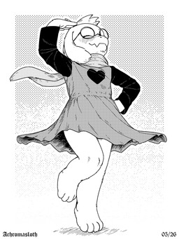 anthro barefoot blush eyes_closed eyewear feet fur glasses horn male scarf solo spinning white_body white_fur achromasloth deltarune undertale_(series) ralsei bovid caprine darkner goat mammal monster 2026 3:4 black_and_white digital_media_(artwork) hi_res monochrome signature