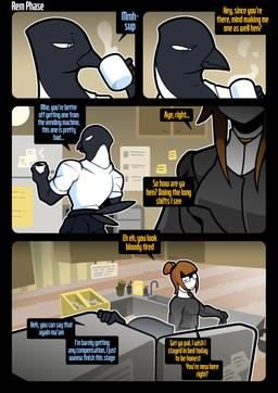 anthro appliance beak black_body blue_eyes bottomwear brown_hair clothed clothed_anthro clothed_female clothed_human clothed_male clothing coffee_mug dialogue duo eyewear feathers female fridge glasses hair kitchen_appliance male multicolored_body pants shirt speech_bubble tail tail_feathers text topwear two_tone_body wearing_glasses white_body white_clothing white_shirt white_topwear rem_phase blair_(rem_phase) avian bird corvid human magpie_(corvid) mammal oscine passerine 2026 absurd_res comic english_text hi_res