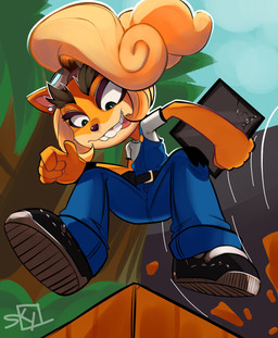 anthro blonde_hair bouncing clothing computer crate ear_piercing electronics eyewear eyewear_on_head female fur goggles goggles_on_head green_eyes hair laptop overalls piercing solo tongue tongue_out creamsonpalette activision crash_bandicoot_(series) fake_coco bandicoot mammal marsupial hi_res