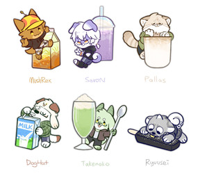 anthro beverage black_clothing black_jacket black_topwear blue_bottomwear blue_clothing blue_pants bottomwear brown_body brown_bottomwear brown_clothing brown_pants brown_tail_tip brown_topwear clothed clothing dipstick_ears dipstick_horn dipstick_tail drinking ear_markings feet floppy_ears front_view fur green_body green_clothing green_fur green_topwear grey_body grey_bottomwear grey_clothing grey_fur grey_horn grey_pants hair head_tuft horn jacket looking_at_viewer lying male markings milk multicolored_ears multicolored_horn on_front open_mouth open_smile pants purple_body purple_fur side_view simple_background smile solo standing tail tail_markings tan_body tan_fur three-quarter_view topwear tuft unsigned white_background white_body white_fur white_hair white_horn white_tail_tip asnnonaka arcticsaron doghat_(asnnonaka) mushrex pallas_(asnnonaka) ryuusei takenoko_(asnnonaka) bovid canid canine canis caprine domestic_cat domestic_dog felid feline felis goat mammal hi_res multiple_images