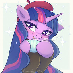 beret blush clothing container cup ear_tuft female feral hair hat headgear headwear heart_eyes heart_symbol horn long_hair looking_at_viewer simple_background solo steam sweater tea_cup topwear tuft chaosangeldesu friendship_is_magic hasbro my_little_pony mythology twilight_sparkle_(mlp) equid equine mammal mythological_creature mythological_equine unicorn 1:1 bust_portrait portrait