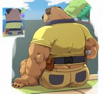 anthro barazoku belt big_butt big_muscles border bottomwear butt claws clothed clothing cloud day fence fur male muscular muscular_anthro muscular_male outside plant plumber's_crack pouch_(clothing) rear_view shirt shorts sitting solo thick_arms tools topwear tree tuft white_border jumperbear bluey_(series) sparky_(bluey) canid canine canis domestic_dog mammal mastiff molosser 2025 absurd_res hi_res reference_image