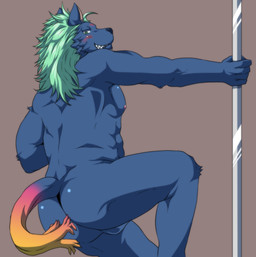 anthro backsack balls black_body black_fur blush butt dancing fur genitals holding_fixture kemono male mohawk muscular muscular_anthro muscular_male nipples pole pole_dancing simple_background solo stripper mist_billow7 lifewonders tokyo_afterschool_summoners nyarlathotep_(tas) hyena mammal striped_hyena