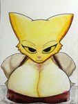 anthro areola areola_slip bedroom_eyes big_breasts breasts cleavage clothed clothing female fur leaning leaning_forward looking_at_viewer narrowed_eyes nipple_outline pink_nose seductive simple_background solo yellow_body yellow_eyes yellow_fur xoxmatch_(artist) microsoft prequel_adventure the_elder_scrolls katia_managan felid khajiit mammal 2023 hi_res traditional_media_(artwork)