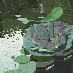 ambiguous_gender feral fur jewelry necklace paws pink_body pink_fur raining solo spots swimming_pool tail umbrella white_body white_fur yellow_eyes penglaianbianbian nintendo pokemon fan_character yemao_(kianyemao) generation_5_pokemon liepard pokemon_(species) 1:1 hi_res