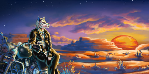 anthro clothed clothing detailed_background fur male outside sky solo star starry_sky sun twilight white_body white_fur marjani canid canine canis mammal wolf 2021 digital_media_(artwork) hi_res