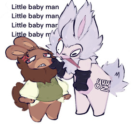 3_fingers annoyed anthro balding beard belly black_clothing black_eyes black_handwear black_mittens bottomless bottomless_anthro bottomless_male brown_beard brown_body brown_facial_hair brown_fur brown_inner_ear brown_skin brown_tail cheek_pinch clothed clothed_anthro clothed_male clothing cross-popping_vein dialogue duo facial_hair featureless_crotch featureless_legs fingers fist fluffy fluffy_ears fluffy_tail fur green_clothing green_sweater green_topwear grey_ears grey_hair grey_tail hair handwear handwear_only head_wound insult insulting_another larger_anthro larger_male light long_ears male male_anthro mittens mittens_only mostly_nude mostly_nude_anthro mostly_nude_male multicolored_body no_eyebrows no_pupils noseless pink_belly pink_body pink_inner_ear pink_skin red_eyes scut_tail short_hair short_tail simple_background size_difference smaller_anthro smaller_male smile smiling_at_another sweater tail talking_to_another teasing teeth text topwear two_tone_body white_background wounded sillyhog rabbids_invasion_(series) raving_rabbids rayman_(series) ubisoft lapinibernatus_(rabbids_invasion) mad_rabbid lagomorph mammal rabbid 2026 colored digital_drawing_(artwork) digital_media_(artwork) english_description english_text hi_res lighting signature