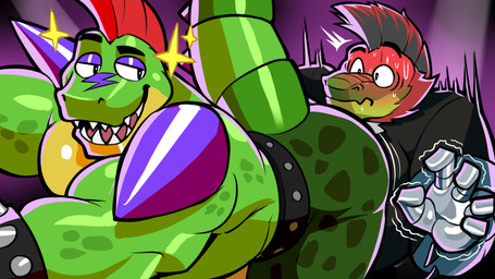 anthro belly butt clothing duo flustered green_body hair looking_back male male/male mohawk muscular muscular_anthro muscular_male red_hair shaking_butt simple_background size_difference tail teasing teeth dirtymache five_nights_at_freddy's five_nights_at_freddy's:_security_breach scottgames steel_wool_studios invader_(invaderthegator) montgomery_gator alligator alligatorid crocodile crocodilian lizard mammal reptile scalie 16:9 digital_media_(artwork) hi_res widescreen