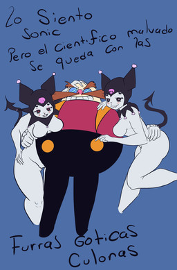 age_difference anthro belly eyewear facial_hair female glasses group male male/female mustache older_male simple_background spade_tail tail text trio blackpatapon onegai_my_melody sanrio sega sonic_the_hedgehog_(series) dr._eggman kuromi demon human humanoid lagomorph leporid mammal rabbit absurd_res hi_res spanish_text translated