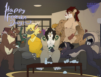 alcohol alcohol_bottle alcohol_consumption anthro balls beverage beverage_bottle bottle celebrating container covering covering_crotch drinking_sake erection flaccid foreskin genitals humanoid_genitalia humanoid_penis penis serving_alcohol shy spectator tail tail_motion tailwag teasing toony therasis mythology antumbra_hernandez copper_hayabusa gizmo_(ran) golden_hayabusa ironjaw kentah luki_hayabusa mike_hock mizumi_tremens sinhue_zarahastra thala_otorten bird_dog canid canine canis cannem demon domestic_dog dragon gnoll hunting_dog hybrid hyena kobold labrador mammal mythological_creature mythological_scalie raccoon_dog retriever scalie tanuki wolf absurd_res hi_res
