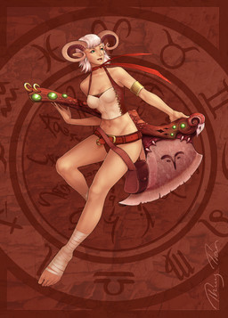 armlet axe battle_axe belt bottomwear bovid_horn caprine_horn clothing feet female foot_wraps green_eyes hair halter_top horn humanoid_pointy_ears melee_weapon not_furry personification pointy_ears ram_horn satchel shorts solo weapon white_hair wraps thuyltran western_zodiac aries_(zodiac) humanoid