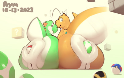 ambiguous_form anal anal_penetration anus big_anus butt countershade_tail countershading duo egg female female/female genitals green_body huge_anus hyper hyper_anus object_in_ass orange_body oviposition penetration pokeball pokeball_insertion puffy_anus rear_view tail vulva yoshi_egg aymbord mario_bros nintendo pokemon dragonite generation_1_pokemon green_yoshi pokemon_(species) scalie yoshi 2023 hi_res