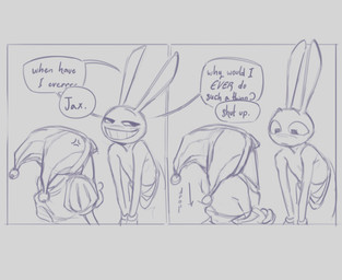 annoyed anthro clothing cross-popping_vein dialogue duo female male removing_topwear smug_grin speech_bubble surprised teasing text undressing undressing_self overheat_mp4 glitch_productions the_amazing_digital_circus jax_(tadc) pomni_(tadc) humanoid lagomorph leporid mammal rabbit comic english_text hi_res