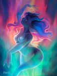 2024 animal_humanoid anthro aurora_(phenomenon) blue_body blue_hair breasts dancing fan_character female flerie hair horn humanoid looking_up multicolored_body nipples purple_hair reptile scalie scalie_humanoid solo