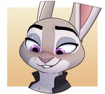 anthro biped bite biting_lip blush border buckteeth clothing eyebrows eyeliner female fur grey_body grey_fur looking_down makeup pink_nose pupils purple_eyes simple_background solo teeth topwear white_border amadose disney zootopia judy_hopps lagomorph leporid mammal rabbit 2025 hi_res