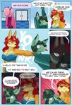2020 anthro belle_morgan biped black_nose canid canine canis clothed clothing comic deer detailed_background dialogue dingo door english_text green_hair greeting group hair hi_res horn inside lagomorph leporid mammal peskybatfish pink_hair rabbit re:_strained red_hair speech_bubble taylor_vee_(peskybatfish) text violet_(peskybatfish)