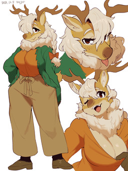 accessory anthro antlers big_breasts boots bottomwear bow_ribbon braided_hair breasts cleavage clothed clothing clothing_pull eyelashes female footwear green_clothing green_jacket green_topwear hair hair_accessory hair_bow hair_ribbon horn jacket neck_tuft one_eye_closed open_mouth orange_clothing orange_shirt orange_topwear pants ribbons shirt shirt_pull shoes simple_background solo tan_bottomwear tan_clothing tan_pants tongue tongue_out topwear topwear_pull tuft white_background white_hair sanjiro nakai_(sanjiro) deer mammal new_world_deer reindeer 2023 3:4 dated hi_res