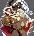 abs anthro antlers areola barely_contained barely_contained_penis bell biped black_clothing black_underwear brown_body brown_claws brown_fur cape claws clothing finger_claws fur genitals gift holidays horn humanoid_genitalia humanoid_penis jockstrap male merry_christmas muscular muscular_anthro muscular_male nipple_piercing nipple_ring nipples one_eye_closed open_mouth open_smile pecs penis piercing ring_piercing smile solo star teeth text underwear wink rubberbark christmas deer mammal new_world_deer reindeer absurd_res english_text hi_res